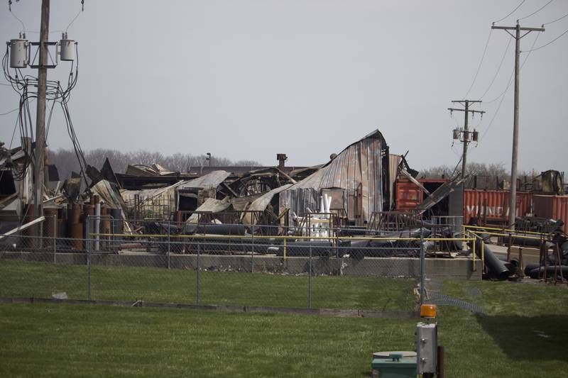 The wreckage from a fire on Monday, April 14, 2025, which destroyed a building at the site for Rovanco Piping Systems, 20535 SE Frontage Road, Joliet.