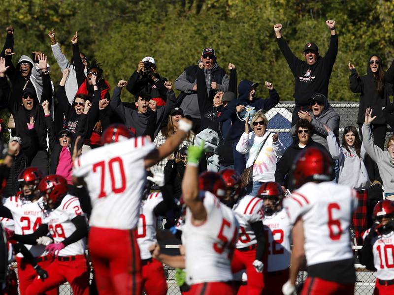 Huntley fans and players celebrate their one point win over Cary-Grove during a Fox Valley Conference football game on Saturday, Oct. 7, 2023, at Cary-Grove High School.