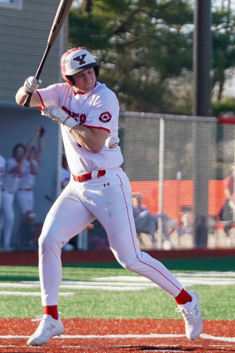 Yorkville's Nate Harris (15) is hit by a pitch during a baseball game against West Aurora at Yorkville High School on Monday, April 15, 2024.