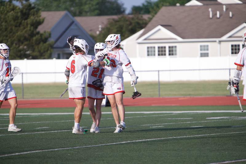 Huntley celebrates a goal against Lake Forest at the Super Sectional Final on Tuesday, May 30, 2023 in Huntley.