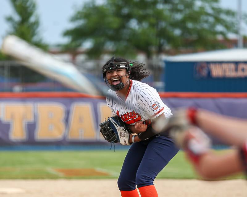 Oswego's Jaelynn Anthony (20) reacts after retiring the last batter during Class 4A Oswego Regional final softball game between Yorkville at Oswego. May 24th, 2024.