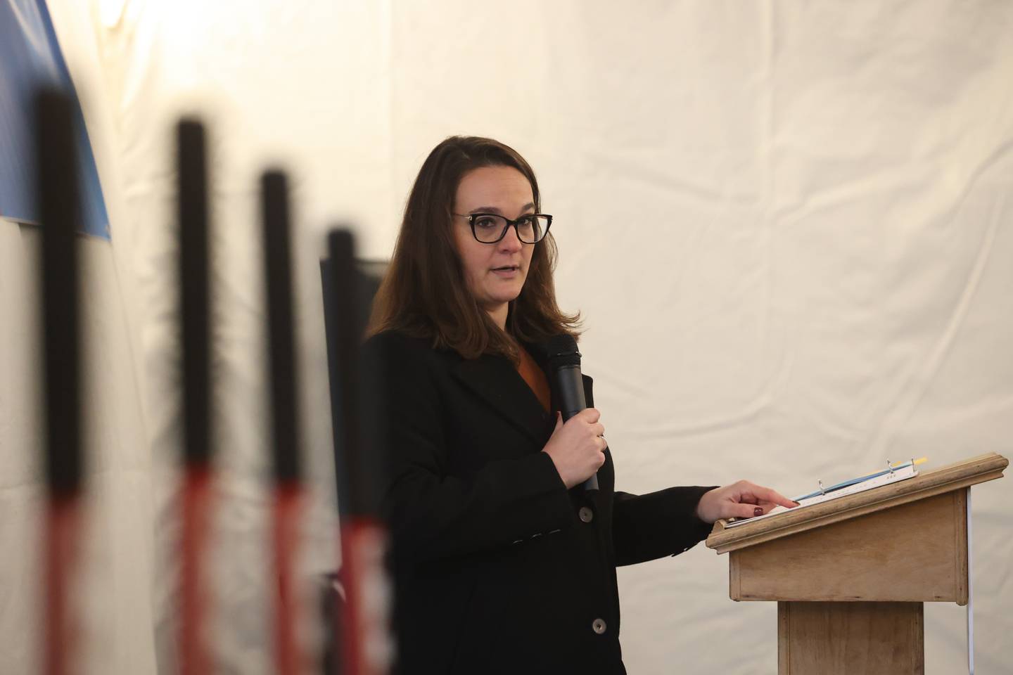 Village of Shorewood YCMA Executive Director Trisha Dust speaks at the Village of Shorewood YCMA groundbreaking ceremony on Thursday, Nov. 21, 2024 in Shorewood.