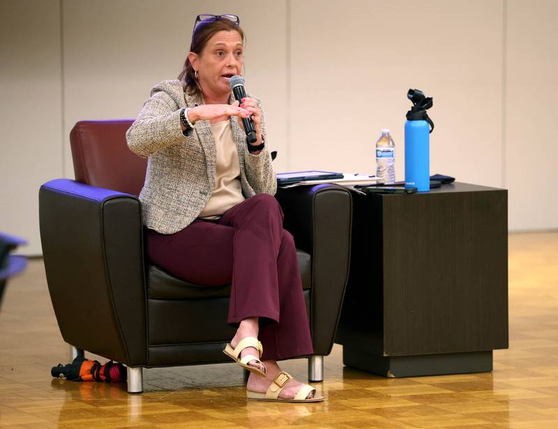State Rep. Amy “Murri” Briel, D-Ottawa, talks Friday, July 11, 2025, about some of the difficulties facing Illinois residents during her town hall at at Northern Illinois University’s Holmes Student Center in DeKalb. Briel will be hosting town halls later this year in Oglesby and Utica.
