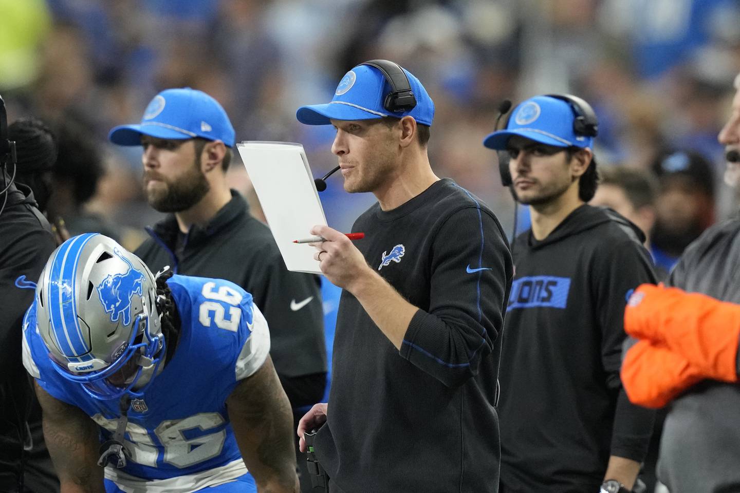 Detroit Lions offensive coordinator Ben Johnson on the sideline during an NFL football game, Friday, Dec. 6, 2024, in Detroit. (AP Photo/Carlos Osorio)