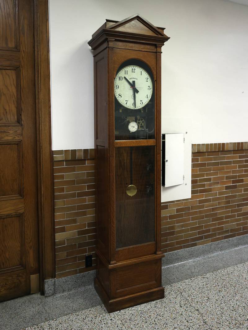 An original clock still stands Tuesday, June 18, 2025, at the former Central School in Sycamore. The nearly century old building currently houses the district offices but will soon be for sale. The district is hosting an open house at the building Saturday, June 21.