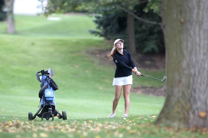 Emerson Hollarbush hits from the fairway during the Class 2A Glenbard North Regional girls golf meet at Bloomingdale Golf Club on Thursday, Sept. 28, 2023.