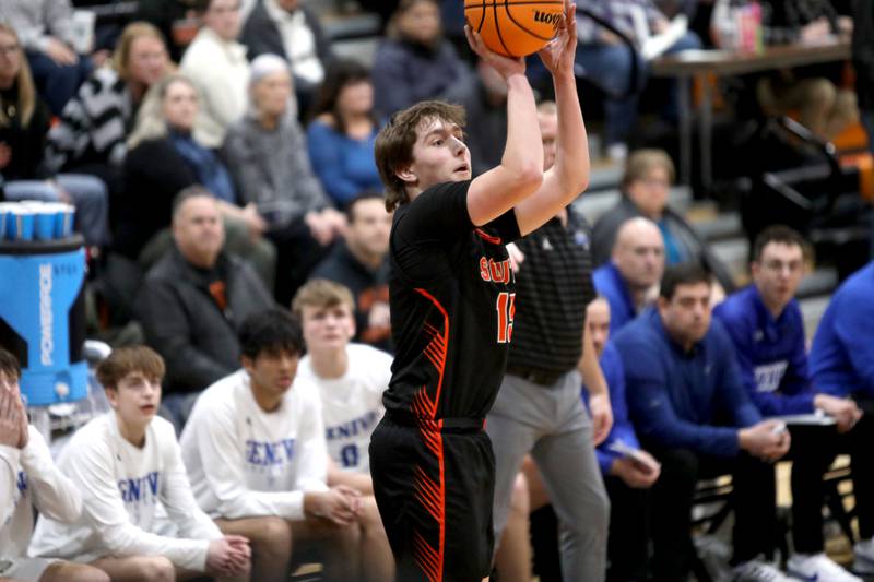 Wheaton Warrenville South's Henry Burlage shoots the ball during a Class 4A St. Charles East Sectional semifinal against Geneva on Wednesday, March 5, 2025 in St. Charles.