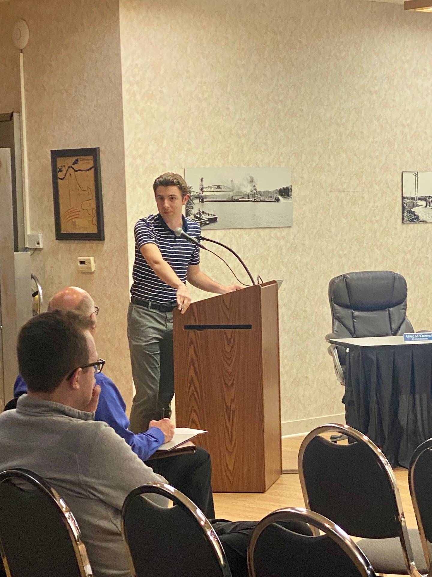 North Central Council of Governments grant writer Ryan Hogan speaks Thursday, April 11, 2024, during a public meeting about Lehigh Park improvements in Oglesby.