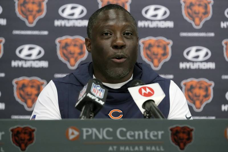Chicago Bears defensive coordinator Alan Williams speaks at a news conference during the team's rookie minicamp, Friday, May 5, 2023, at Halas Hall in Lake Forest.