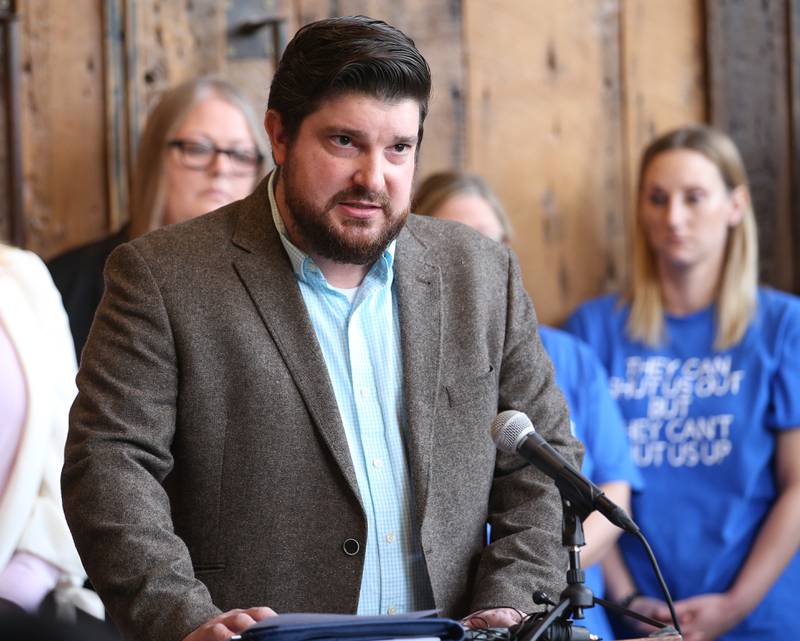 Bill Zens executive director at Illinois Valley Chamber of Commerce (IVAC) addresses the media regarding the recent closure of  St. Margaret's Health-Peru on Monday, Feb. 6, 2023 at Westclox in Peru.