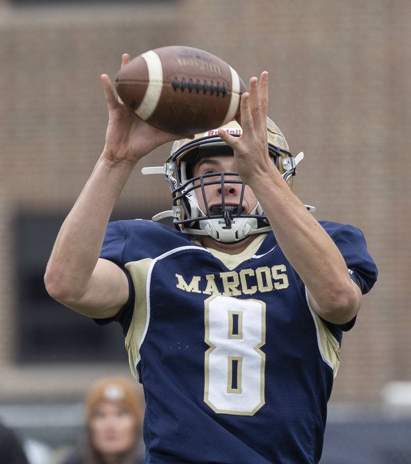 Polo’s Korbin Cavanaugh hauls in a 2-point conversion against Hiawatha Saturday, Nov. 1, 2025, in the 8-man football playoff quarterfinals.