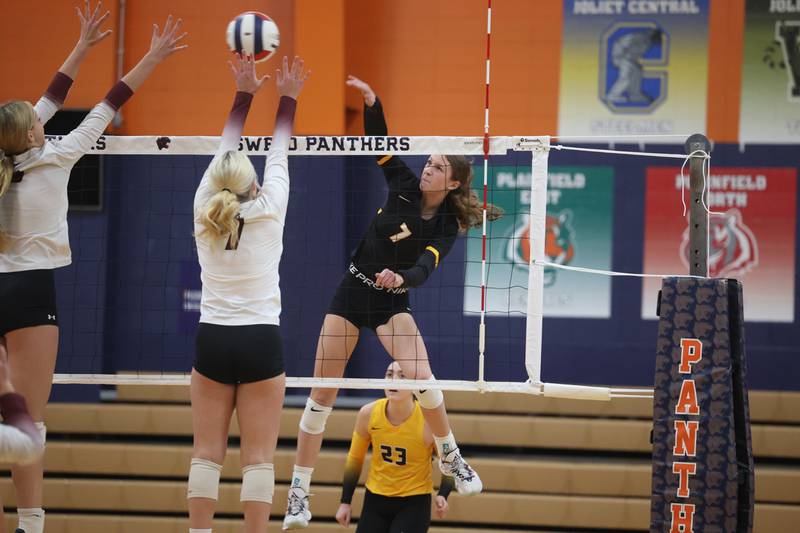 Joliet West’s Gabby Piazza hits a shot against Lockport in the Class 4A Oswego Sectional championship on Wednesday, Nov. 1, 2023 in Oswego.