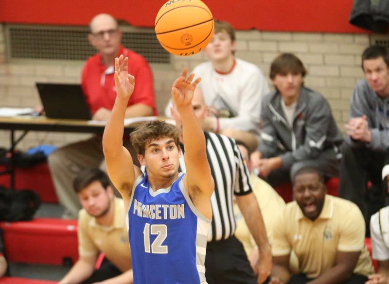 Princeton's Asa Gartin shoots a jump shot against Oak Forest during the Dean Riley Shootin' The Rock Thanksgiving Tournament on Tuesday, Nov. 26, 2024 in Kingman Gym at Ottawa High School.