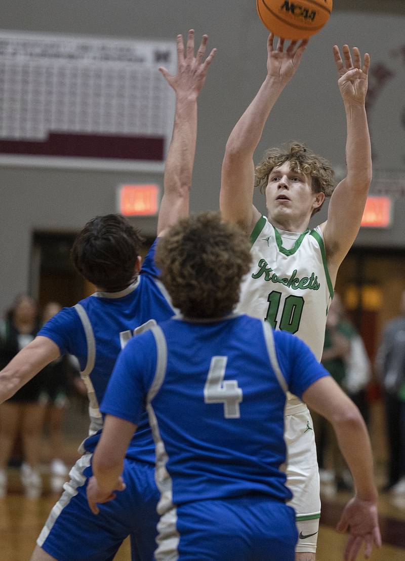 Rock Falls’ Kuitim Heald puts up a shot against Princeton Friday, March 7, 2025, in the Class 2A boys basketball Sectional final in Marengo.