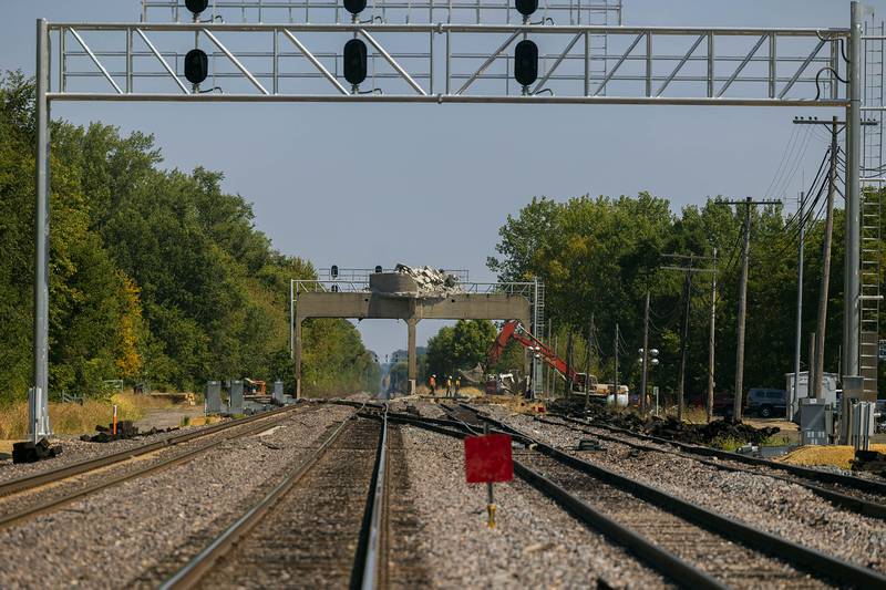 Progress continues on the demolition of the tower Wednesday, Sept. 17, 2025.