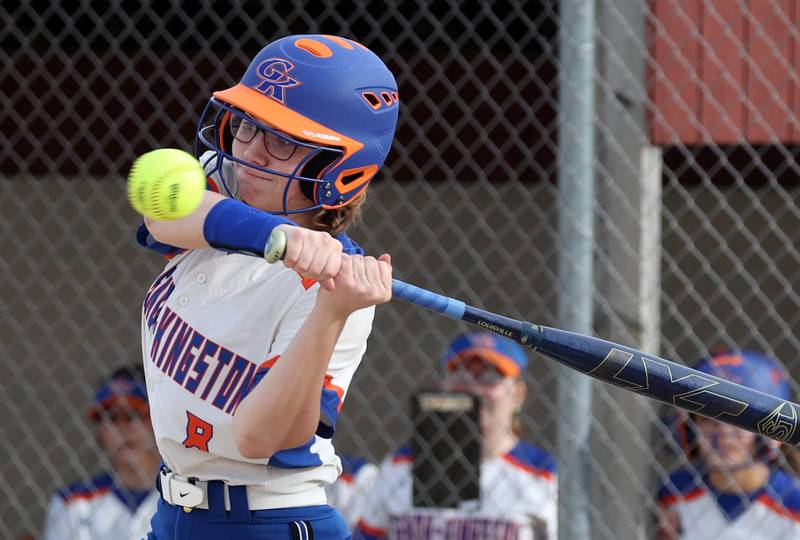 Genoa-Kingston’s Lyla McKee takes a cut during their game against Indian Creek Tuesday, March 18, 2025, at Indian Creek High School in Shabbona.
