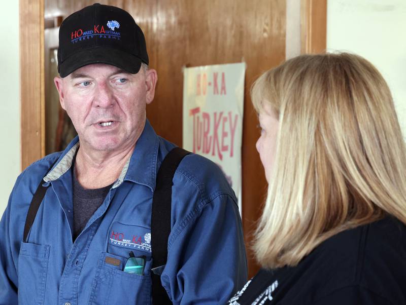 Robert and Susan Kauffman, of Kauffman Turkey Farms, talk Monday, Nov. 6 2023, at their farm in Waterman. The Kauffman’s are retiring but plan to remain open until they sell what they have left in stock.