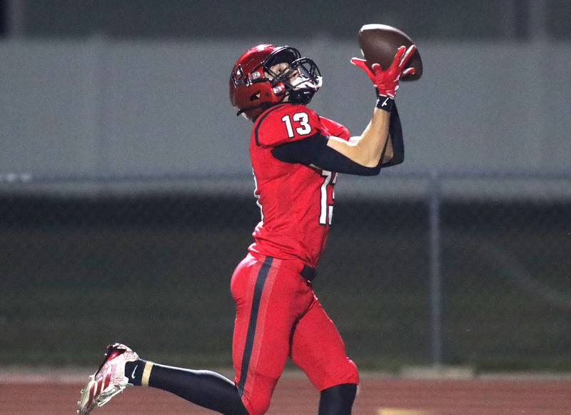 Huntley’s Kyle Ziebell hauls in his second touchdown reception of the night against Cary-Grove in varsity football at Huntley High School in Huntley on Friday, Sept. 19, 2025.