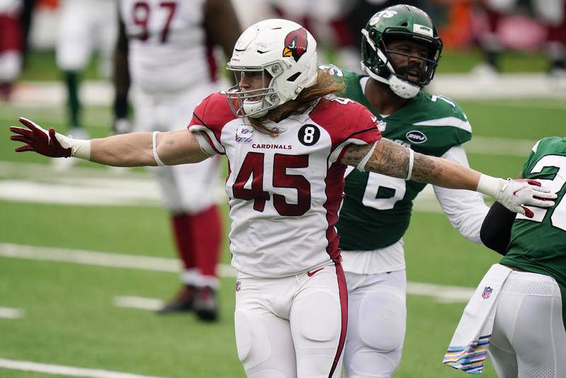 Arizona Cardinals linebacker Dennis Gardeck, a Crystal Lake South graduate, reacts after sacking New York Jets quarterback Joe Flacco during the first half Oct. 11 in East Rutherford.