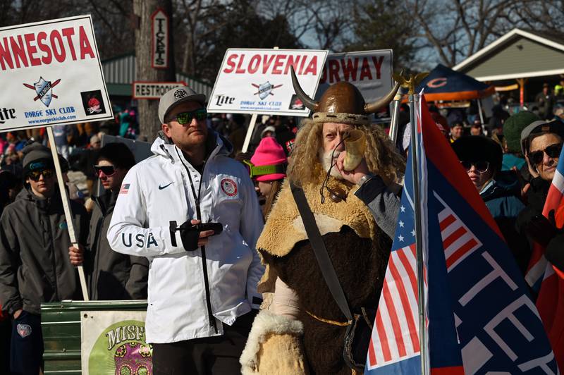 Sounding the horn for the opening ceremony is Marty Knapp of Fox River Grove at the Norge Ski Jump 121st Annual Winter Tournament on Feb. 1, 2026 at the Norge Ski Club, 100 Ski Hill Road, Fox River Grove.