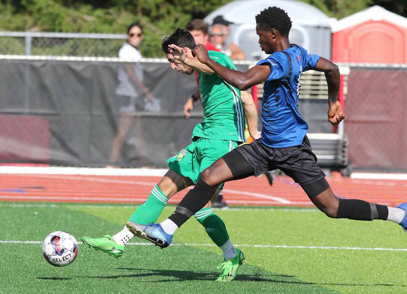 DeKalb County United's Josh Johansen gets off a shot at the Rockford FC goal during their game Saturday, July 29, 2023, at the Soccer & Track and Field Complex at Northern Illinois University in DeKalb.