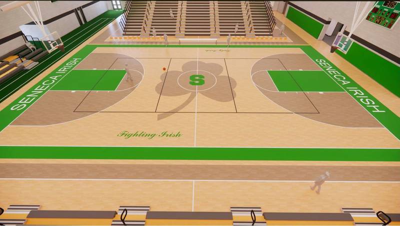 A model for Seneca's future main gymnasium complex provided to the school by Wold Architects and Engineers before approval of the project, which broke ground Wednesday, March 15, 2023.