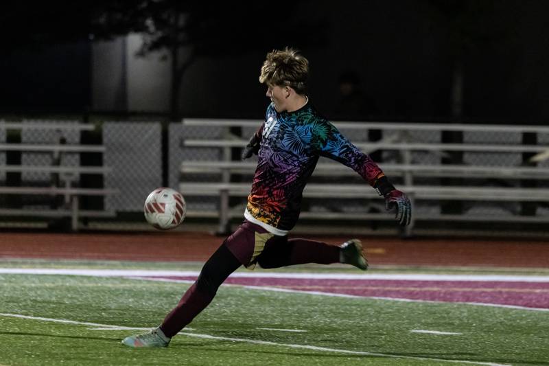 Morris's Grady Jensen kicks during a varsity soccer game against Streator at Morris on Oct. 15, 2025.