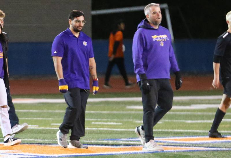 Mendota head soccer coach NIck Myers and assistant Rey Arteaga are introduced before the Class 1A State semifinal game on Thursday, Nov. 7, 2024 at Hoffman Estates High School.