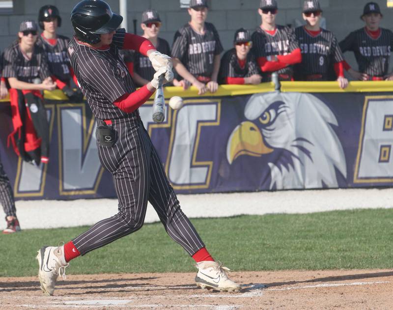 Hall's Jack Jablonski smacks a hit against St. Bede on Monday, March 31, 2025 at Schweickert Stadium in Peru.