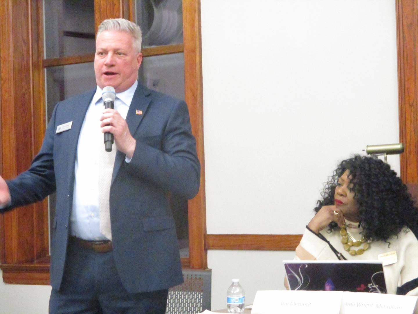 Councilman Joe Clement speaks during the forum for Joliet City Council candidates at the Joliet Public Library on Thursday. Feb. 19, 2025