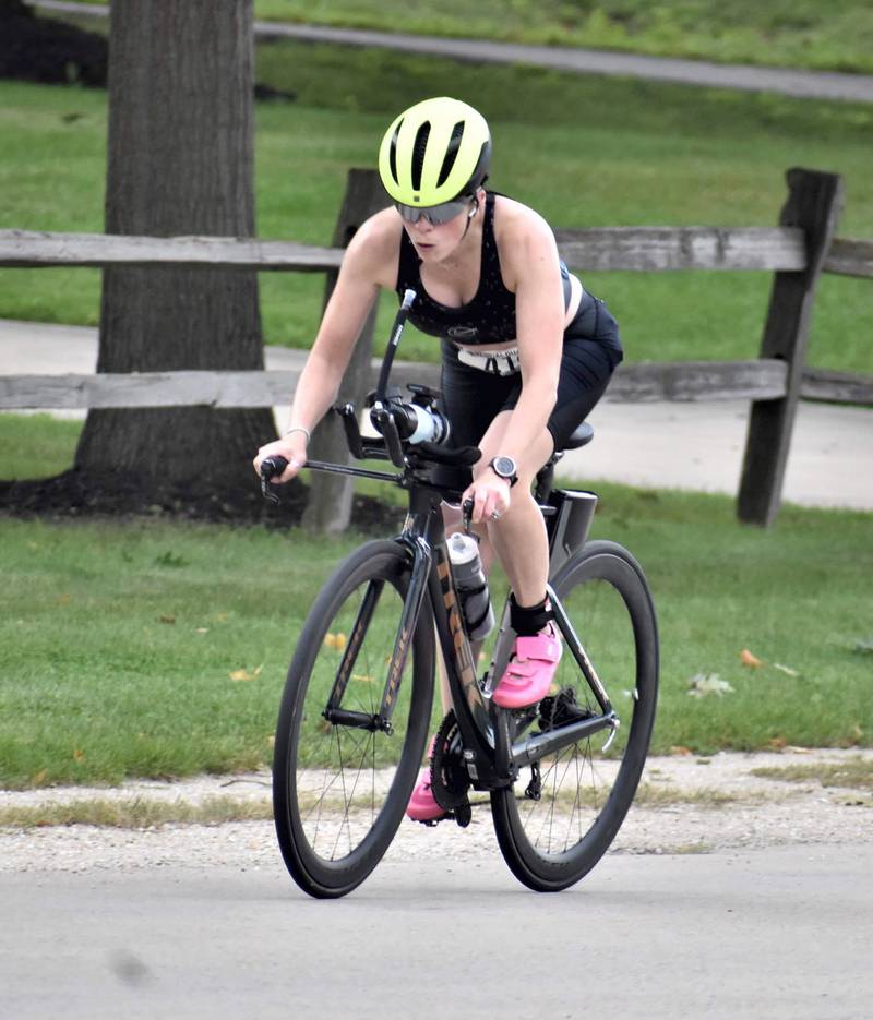 Mackenzie Hopping is pictured nearing the finish line at the Morrison Rotary Club’s annual Harvest Hammer 5K and duathlon on Saturday. The top five female participants of the duathlon were Hopping with a time of 1:35:00, followed by Jane Simonsen, Lori Matlack, Jeannie Spencer, and Erin Greene.  The top five males were Benjamin Lloyd, Samuel Levon, Omar Nelson, Augustus Linke, and Kent Johnson. The top dualthon teams were Voluntary Torture, Beck/Cambell, Prestige Worldwide, 3Cals, Brewbirds, Lu Flyers, Eat Crow, Living the Dream, and Duane’s Dream Team. Additional race results can be found at www.harvesthammer.org.