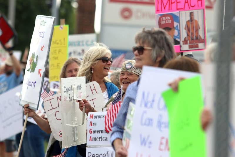 Crowds gathered for the “Good Trouble Lives On” protest along Route 14 in Crystal Lake on Thursday, July 17, 2025.