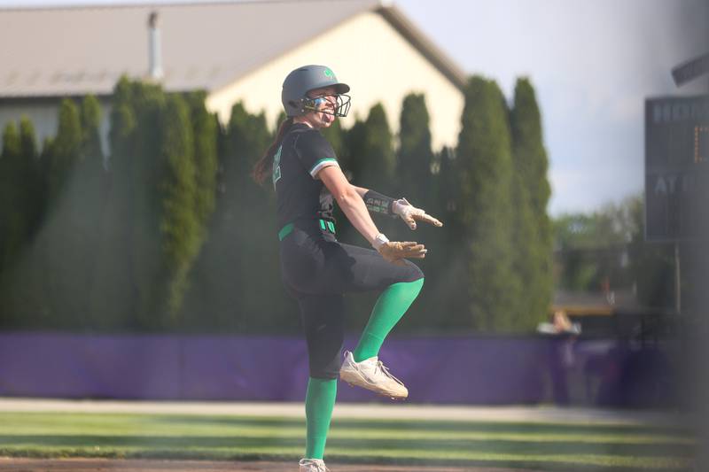 Seneca's Hayden Pfeifer celebrates a hit at first base during Seneca's 11-1 victory over Manteno on Friday, May 8, 2026.