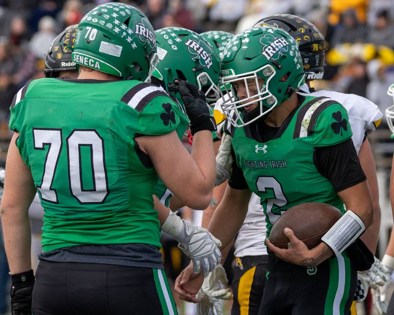 Gunnar Varland (2) of Seneca celebrates first down on Saturday, November 1, 2025 at Seneca High School in Seneca.
