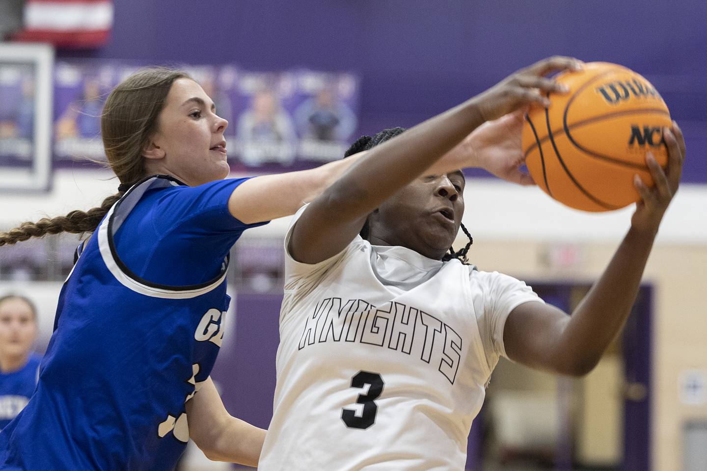 Kaneland’s Amani Meeks pulls down a rebound against Geneva Monday, Feb. 16, 2026, in the Class 3A regional semifinals.