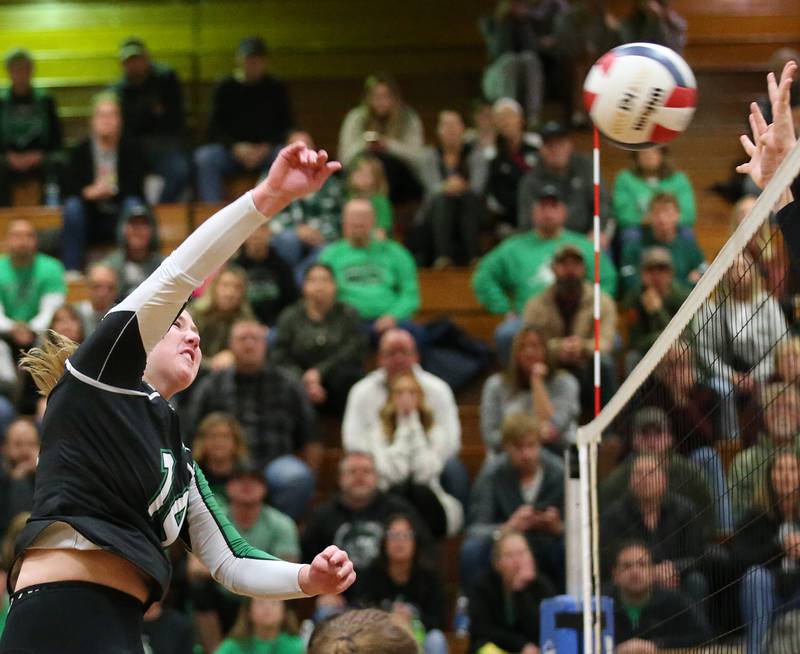 Rock Falls's Nicolette Udell sends the ball to the Illinois Valley Central side of the net during the Class 2A Sectional final game on Wednesday, Nov. 1, 2023 at Princeton High School.