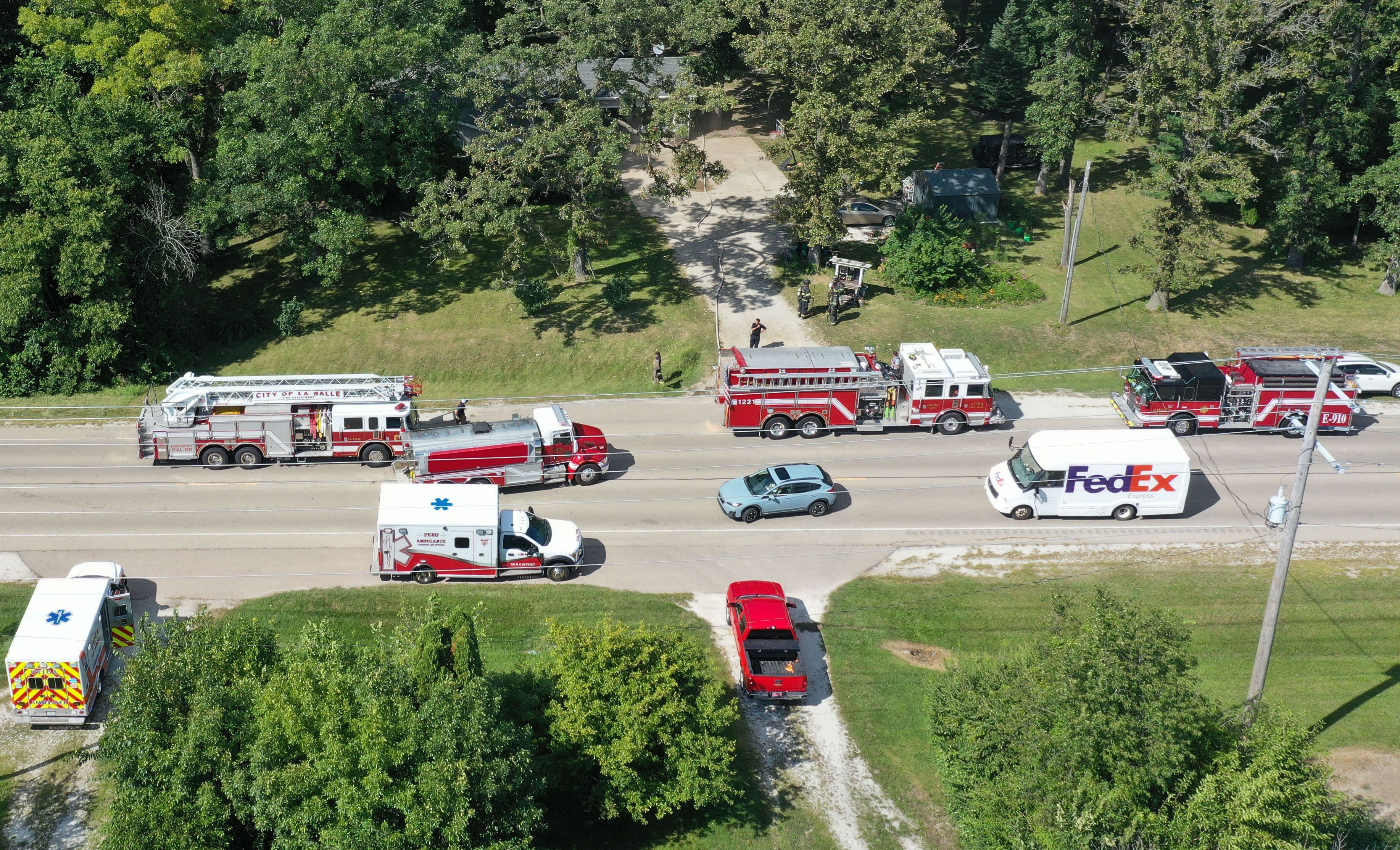 An aerial view of emergency personnel from Peru, Wallace, Tonica, Utica and La Salle work the scene of a structure fire in the 800 block of U.S. Route 6 on Tuesday, Aug. 26, 2025 near Utica. The incident happened shortly after 3p.m. The fire was out in 10 minutes. 