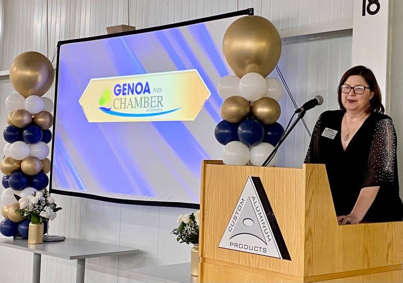 Krissy Johnson, executive director of the Genoa Area Chamber of Commerce, talks about the chamber's 2024 impact on local businesses and nonprofits on Thursday, Feb. 13, 2025, at the chamber's 68th Annual Meeting and Awards Dinner at Custom Aluminum Products, 312 Eureka St., Genoa.