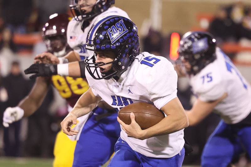 Lincoln-Way East’s Braden Tischer rushes against Loyola in the Class 8A championship on Saturday, Nov. 25, 2023 at Hancock Stadium in Normal.
