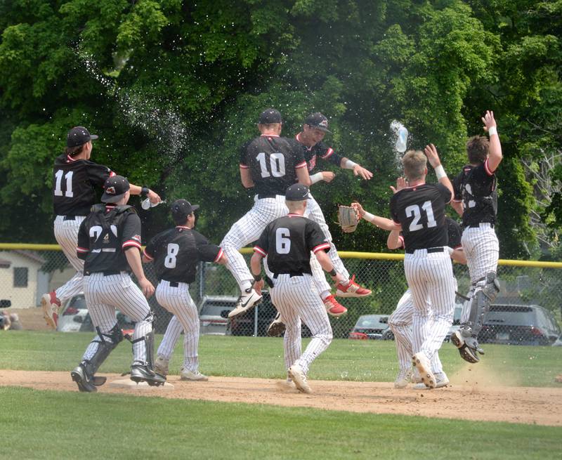 The Steamers celebrate in centerfield after making the last out against River Ridge/Scales Mound's to win the 1A Lena-Winslow Sectional 3-2 on Saturday, May 31, 2025.