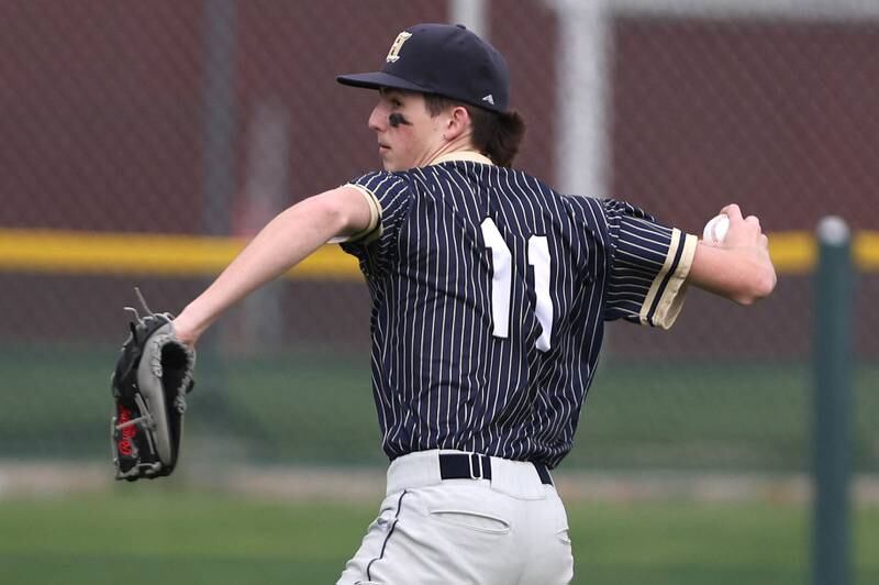 Hiawatha's Lucas Sunderlage gets the ball back into the infield after an Indian Creek single during their game Thursday, April 20, 2023, at Indian Creek High School in Shabbona. The game was stopped in the first inning due to weather.