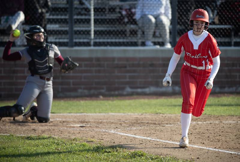 Bradley-Bourbonnais' Abbie Hofbauer draws a walk in the second inning of Thursday's game against Lockport.