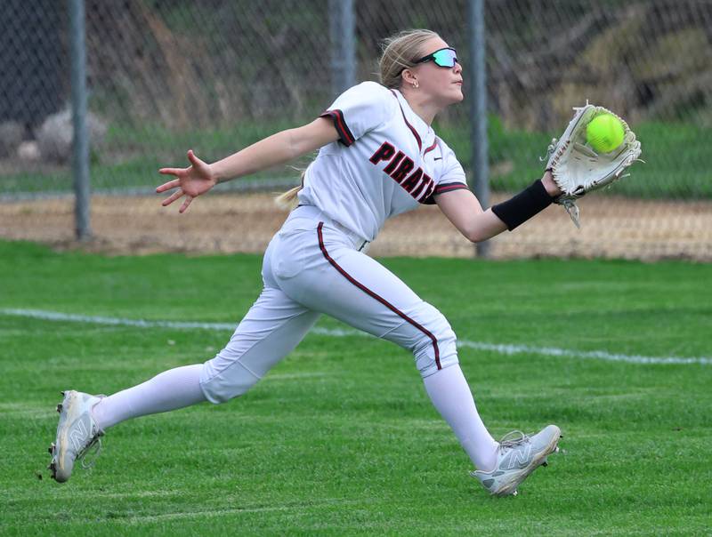 Ottawa's Rylee Harsted makes a running catch in the outfield Friday, April 17, 2026, during thier game at Sycamore High School.