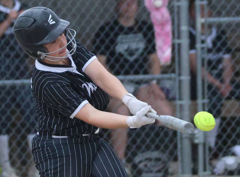 Woodland's Kaylee Henert gets a hit against Henry-Senachwine on Tuesday, May 12, 2026 at Woodland High School.