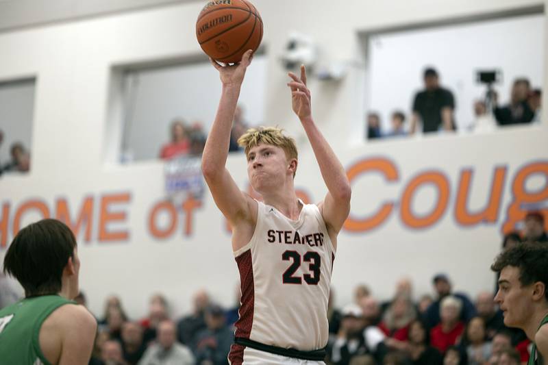 Fulton’s Ethan Price puts up a shot against Scales Mound Friday, March 3, 2023 in the 1A sectional final in Lanark.