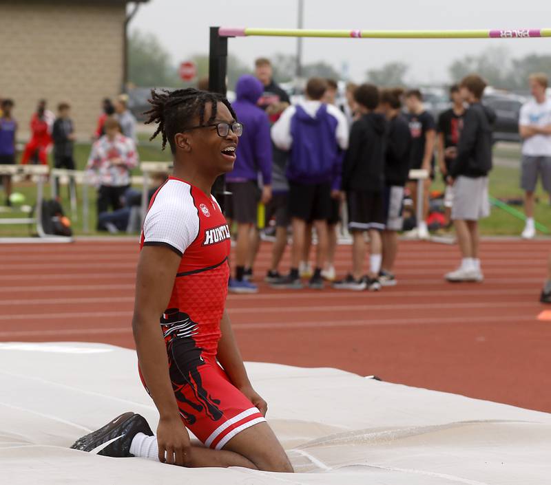 Huntley’s McHale Hood reacts to winning the high jump during the IHSA Class 3A Huntley Boys Track and Field Sectional Wednesday, May 18, 2022, at Huntley High School.