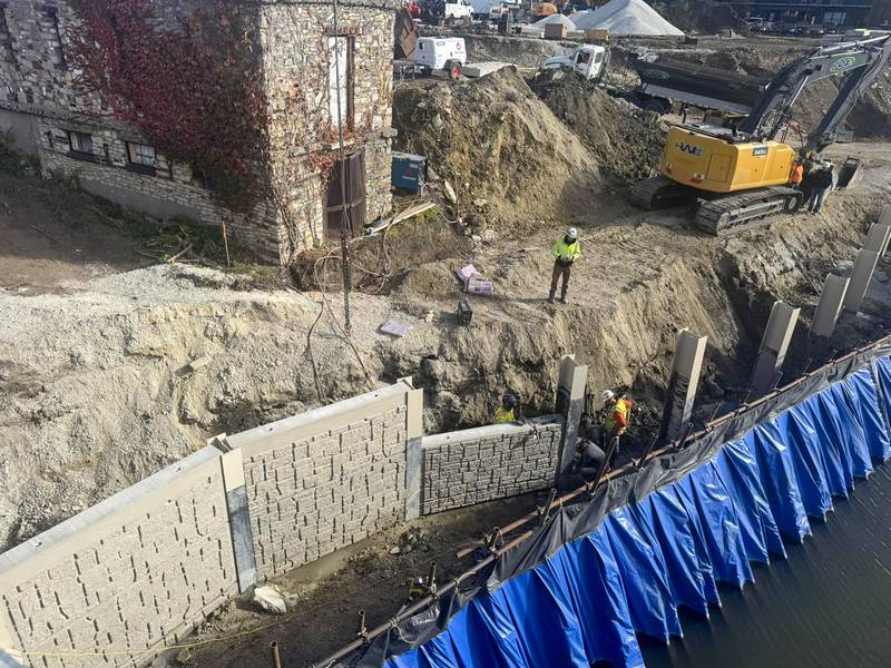 More sections of the waterfront retaining wall are installed on Nov. 6, 2025, at the East Riverwalk in Kankakee ahead of colder winter weather.