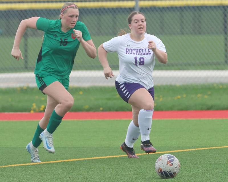 L-P's Alexus Hines chases after the ball with Rochelle's Morgan DeLille on Wednesday, April 15, 2026 at the L-P Athletic Complex in La Salle.