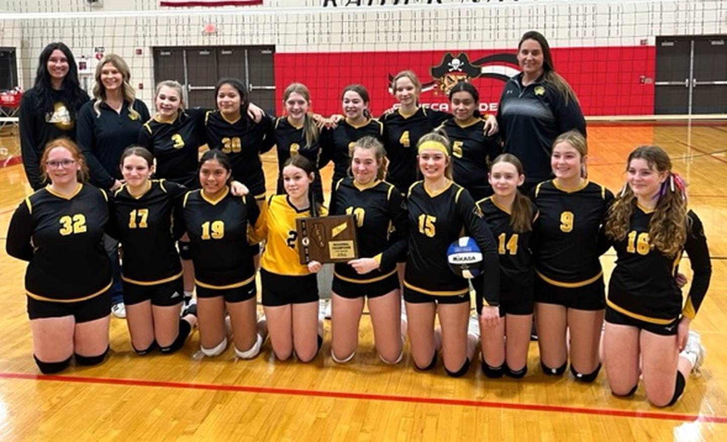 The Putnam County seventh grade volleyball team won an IESA regional championship. Pictured, front row: Samantha Marciniak, Mya Barajas, Britney Trinidad, Jaycee Dickey, Myah Richardson, Finley Rue, Avery Grasser, Tula Rue and Kennedy Holocker. Back row: Asstistant coach Erika Richardson, assistant coach Julie Zuniga, Tinlee Sistek, Alicia Barreras, Eden Carlson, Aurora Bickerman, Diana Ely, Natalia Villagomez and coach Shannon Jenkins. Not pictured: Meghan Wiley and Iliana Luke.