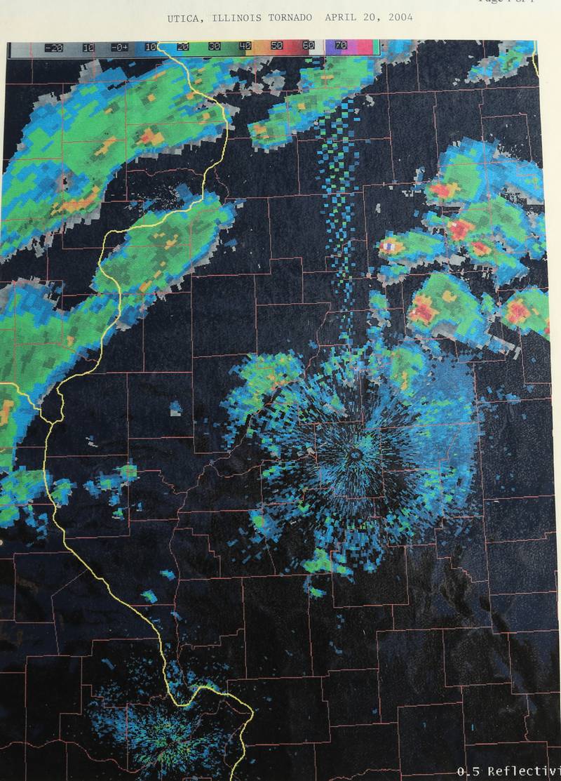 A satellite radar image of the Utica tornado taken at the time the tornado hit Utica on Tuesday, April 20, 2004.